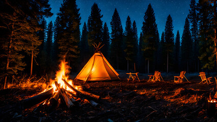 Outdoor camping campfire, chairs placed around, in the forest, with tents placed next to them