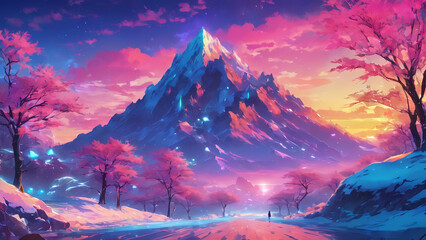 2D illustration of ice mountain in winter with magical sunset sky