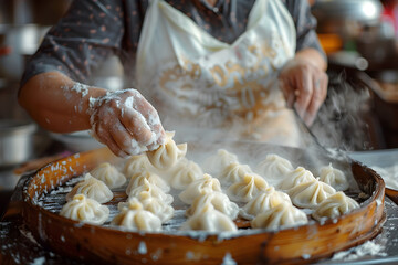 Close-up detail of an Asian aged female chef making yummy dumplings in a local famous restaurant kitchen.