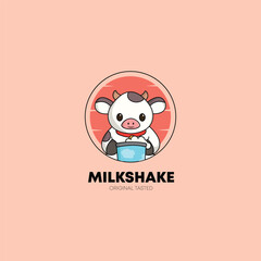 cute cow cartoon mascot logo design illustration concept hold milk. animal icon illustration flat style logo