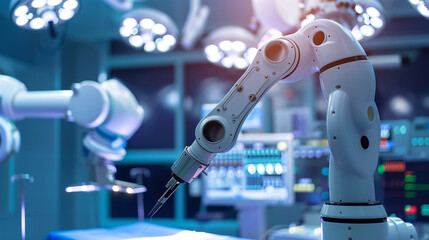 The image shows a robotic arm in a hospital setting.