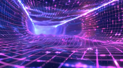 Rolgordijnen 3D holographic mesh grid pulsating in a neon landscape © AI Farm