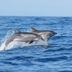 A couple of dolphins leaping from the ocean in unison