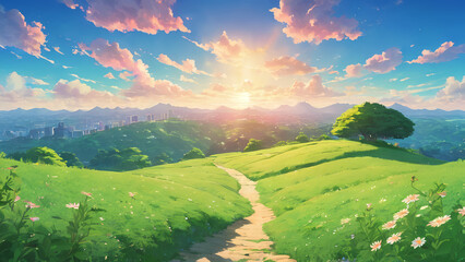 2d illustration of road meadow greenery hill with tree and beautiful sky