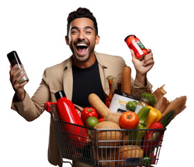 Fototapeta premium PNG Happy Mexican man holding a shopping basket full of products while he uses a mobile app photography laughing adult.