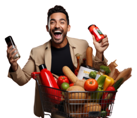 PNG Happy Mexican man holding a shopping basket full of products while he uses a mobile app photography laughing adult.