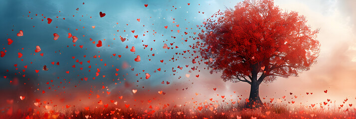 Abstract red tree with hearts banner, ideal for Valentine's Day and love-themed events. - obrazy, fototapety, plakaty