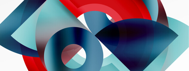 A composition of red, blue, and black abstract shapes resembling a vibrant automotive wheel system, with tints and shades playing on the symmetry of triangles and circles on a white background