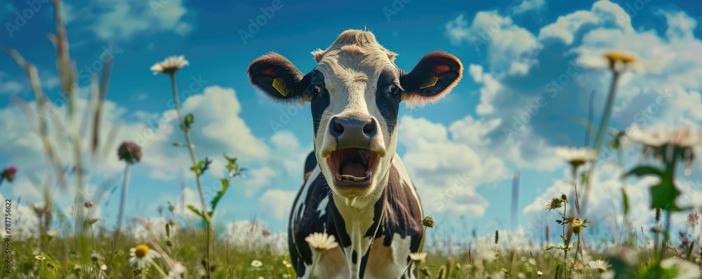 Wall mural a crazy and funny 3d cow looking at camera