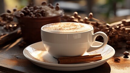 A steaming cappuccino in a white ceramic mug, adorned with a sprinkle of cinnamon on top ,3DCG,high resulution,clean sharp focus