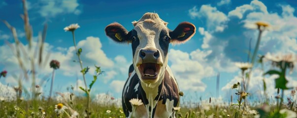 A crazy and funny 3D cow looking at camera