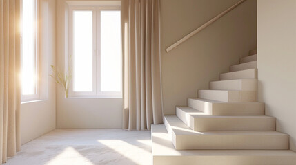 Stylish beige stairs in a Scandinavian-themed interior, complemented by a window.