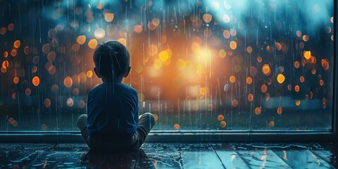 Back view of a kid sitting in front of glass window while raining represents upset or sadness with a big space for text, Generative AI. - obrazy, fototapety, plakaty