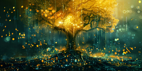 Enchanted Forest with Fireflies data galaxy planet Glowing spirit tree with strong roots digital illustration a tree with branches Golden magical tree Glowing spirit tree with strong roots on black sp