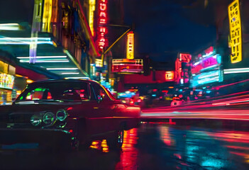 Neon Nights: Vintage Car Amongst Luminous Urban Velocity.