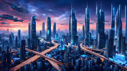 Scenery of the urban skyline, towering buildings, commercial and financial office areas, smart cities, traffic flow, and a sense of technology