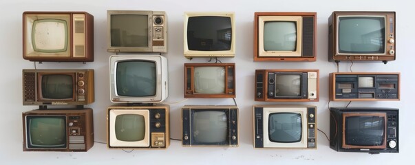 Set of old television sets in white background