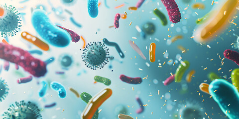 abstract bacteria probiotics gram positive background Colorful Microbes 3D Render Science Backdrop Bacterial and Viral Microcosm Science of Microbiology and Disease Probiotics Bacteria Biology Science - obrazy, fototapety, plakaty