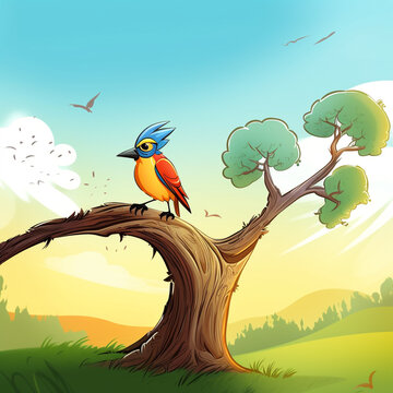 an asthetic pic of a cartoon bird siting on tree,cartoon pic