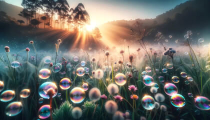 Summer’s Breath - Glistening Bubbles and Sunrise in Meadow