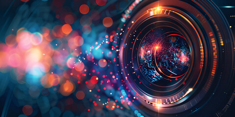 Camera lens on bokeh background closeup of video or photo camera lens professional lens