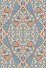 Blue and beige damask pattern. Seamless background with ornamental flowers. Design for wallpaper, textile, carpet and any surface.  - 787759652