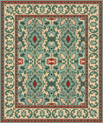 Traditional vintage carpet design. Stylized floral ornament with frame. Template for rug, textile, tapestry. - 787759669