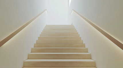 Beige staircase with clean lines and light wood handrails, reminiscent of Scandinavian design...