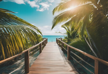 A wooden boardwalk leading through lush tropical palm trees to a serene beach under a sunny sky.