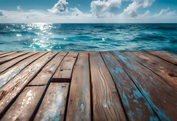 A weathered wooden pier extends over a turquoise sea under a sunny sky with fluffy clouds.