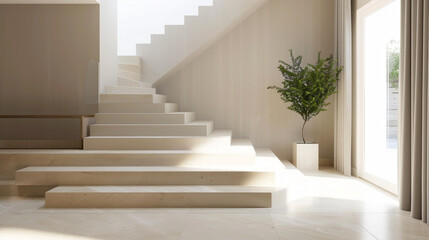 Beige stairs designed with a Scandinavian touch, placed in a modern lounge illuminated by a window.