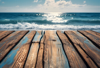 Wooden pier extending into a sparkling ocean under a sunny sky.