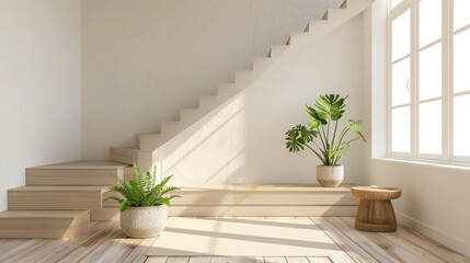 Beige stairs designed with a Scandinavian touch in a modern interior setting with a window.