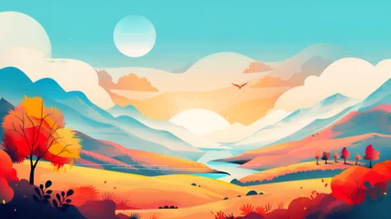  Abstract summer landscape vector watercolor background with blue sky, white clouds and green field. Watercolor illustration for interior, flyers, poster, cover, banner. Modern hand draw, Generative Ai © shehzad