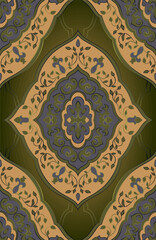 Oriental damask background. Blue and green ornament. Template for wallpaper, textile. Seamless vector pattern. - 787760864