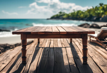 Fototapeta na wymiar Wooden table on a beachfront deck with a blurred tropical beach and ocean in the background, conveying a serene and inviting outdoor setting.