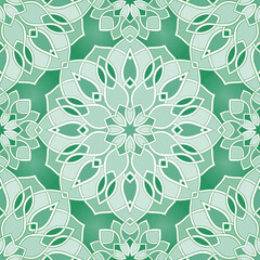 Abstract pattern with mandala. Seamless filigree ornament. Green template for wallpaper, textile, shawl, carpet.  - 787761290