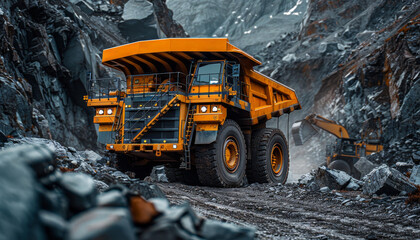A large orange dump truck is driving down a road in the mountains by AI generated image