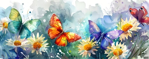 Bright colorful tropical butterflies on daisy flowers