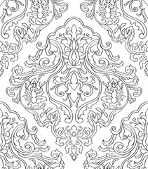 Black and white floral pattern. Vector damask seamless background.  Victorian ornament with stylized flowers. Contour template for wallpaper, textile, carpet. - 787761662