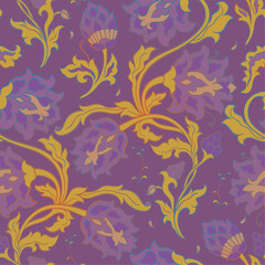 Seamles traditional pattern with flowers. Purple floral background. Template for wallpaper, textile, carpet and any surface. 