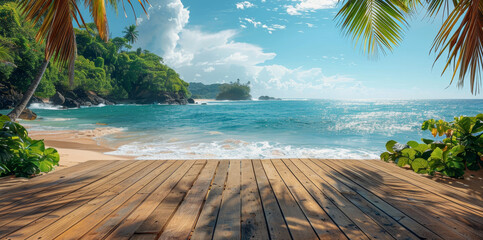 A beautiful beach scene with a wooden boardwalk and palm trees by AI generated image