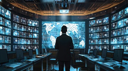 A business man checking monitor. Big data and election predictions visualized with scenario forecasting in a political strategy room - obrazy, fototapety, plakaty