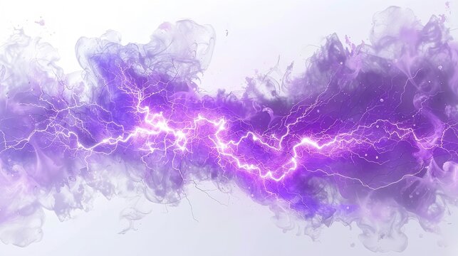 A purple thunder on plain white backdrop with purple smoke and big space for text perfect for background, Generative AI.
