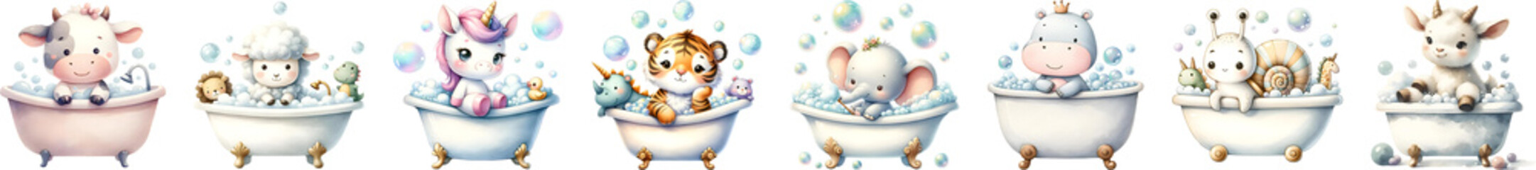 Baby animal shower in bath, watercolor illustration.