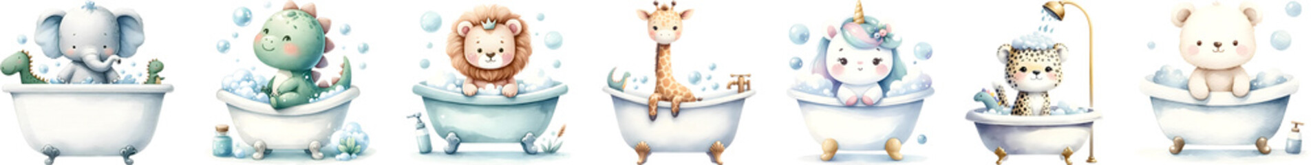 Baby animal shower in bath, watercolor illustration.