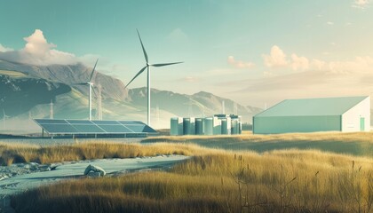 A wind farm with a large building in the background by AI generated image
