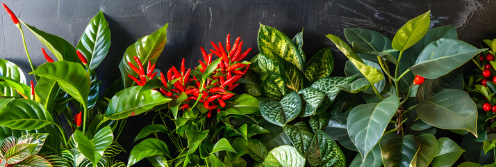 Vibrant Assortment of Household Ornamental Plants: Chilli Peppers, Pothos and Snake Plant