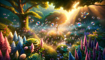 Obraz na płótnie Canvas Ethereal Mountain Garden at Sunrise with Iridescent Bubbles