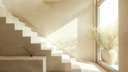 Beige stairs embodying Scandinavian design in a sophisticated lounge with a window.